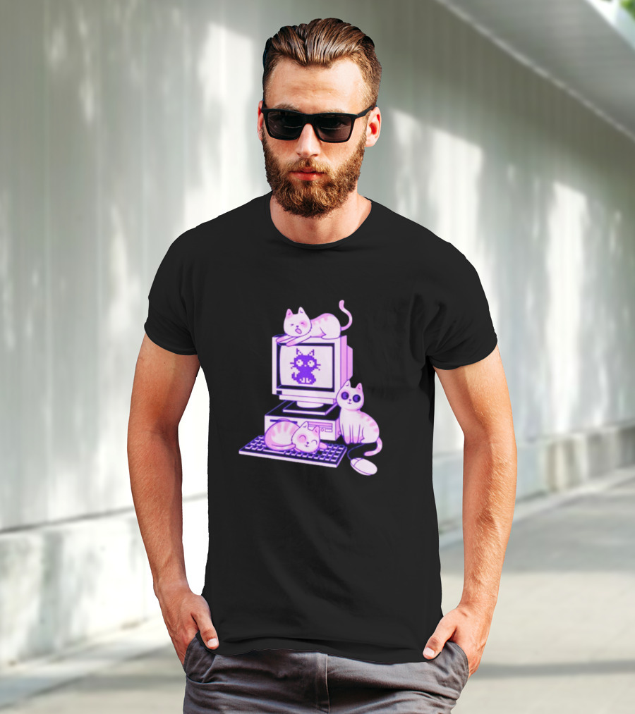 Cats Over Retro Computer With Pixel Art Cat On Screen T-Shirt