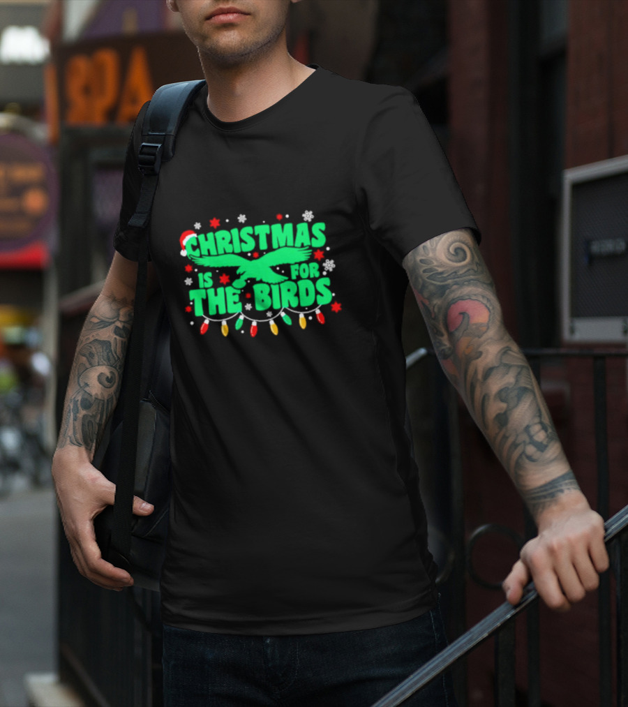 Christmas Is For The Birds Festive Holiday Lights Snowflakes Santa Hat T-Shirt