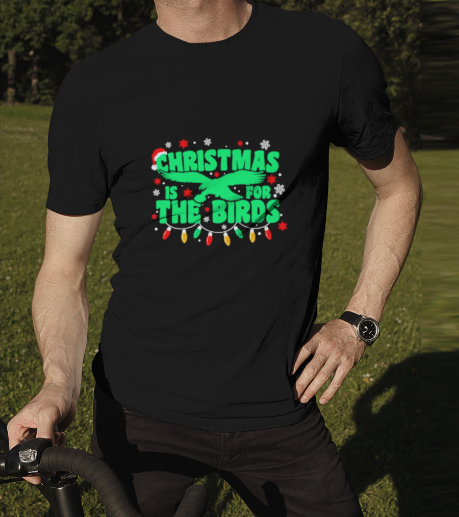 Christmas Is For The Birds Festive Holiday Lights Snowflakes Santa Hat T-Shirt