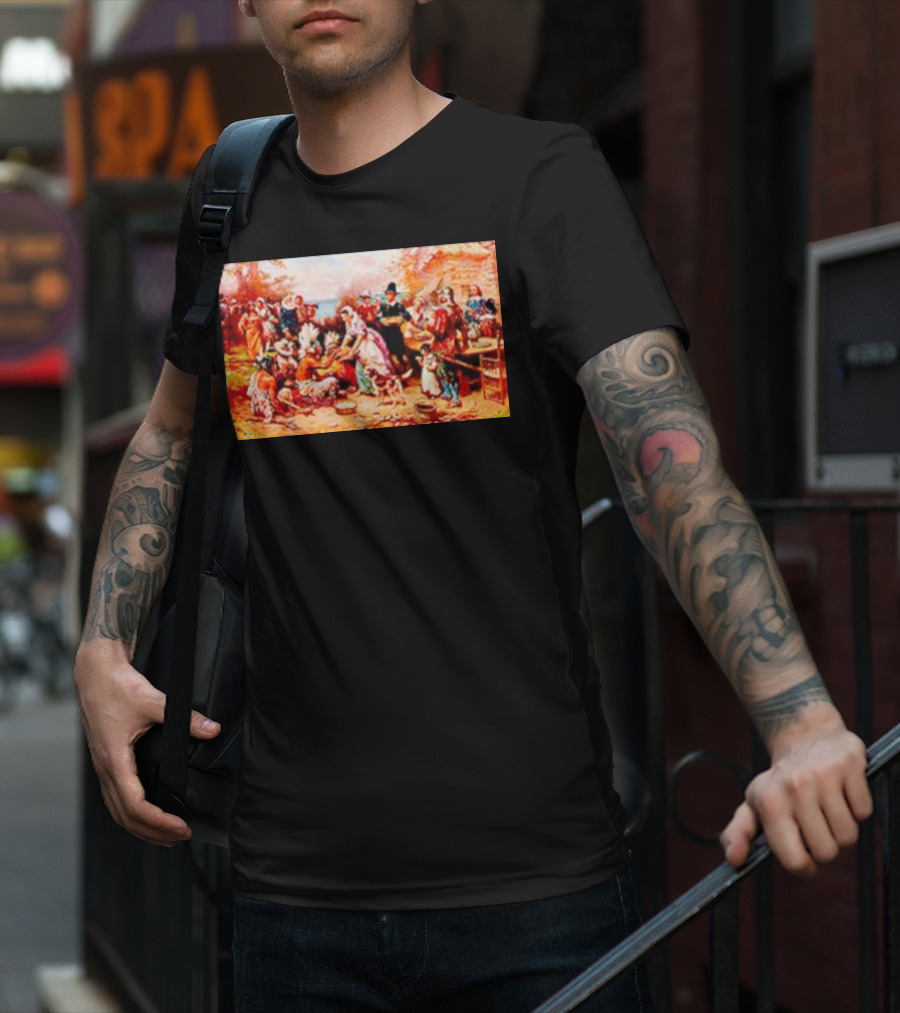 The First Thanksgiving 1621 Pilgrims And Native Americans Harvest Feast T-Shirt