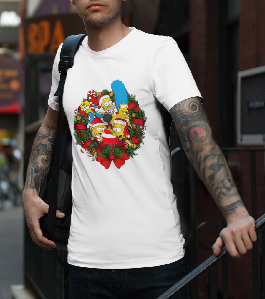 The Simpsons Holiday Wreath With Santa Hats And Candy Canes T-Shirt