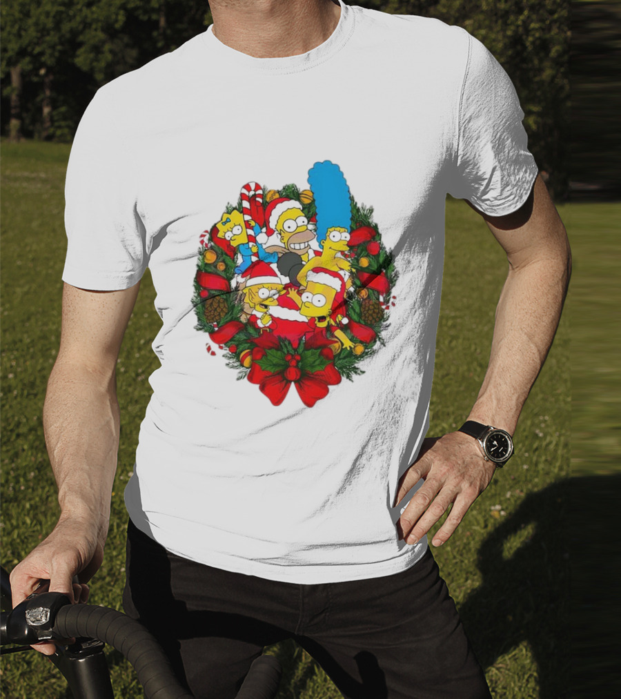 The Simpsons Holiday Wreath With Santa Hats And Candy Canes T-Shirt