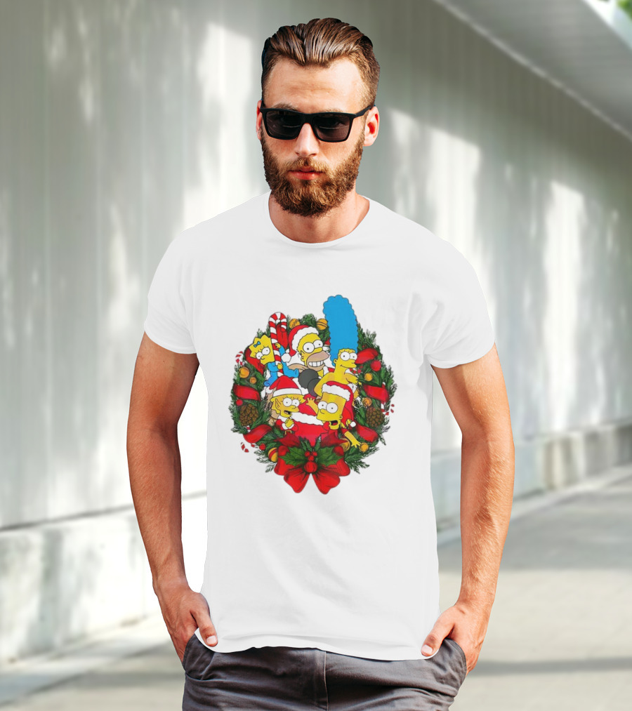 The Simpsons Holiday Wreath With Santa Hats And Candy Canes T-Shirt