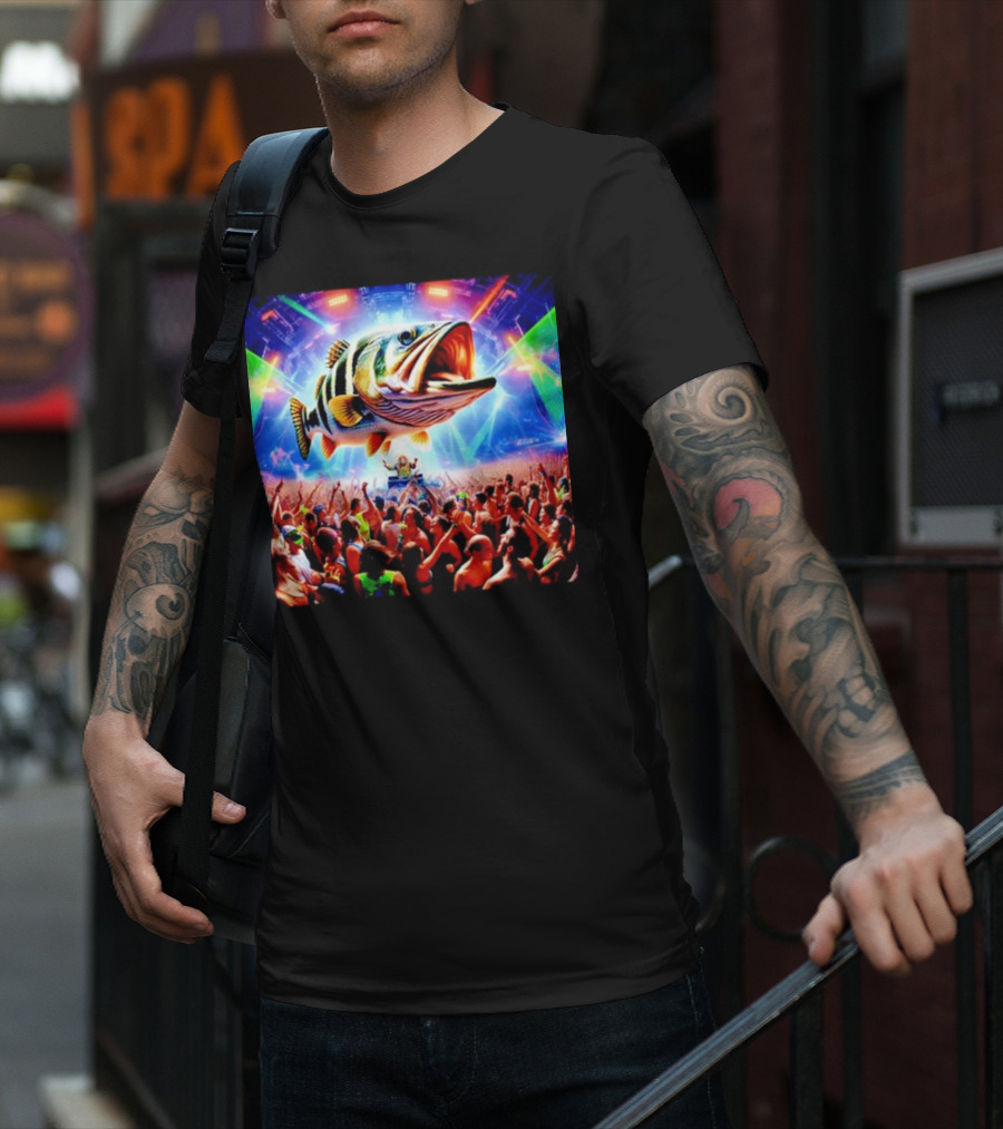 When The Bass Drops With Giant Fish Over Rave Crowd T-Shirt