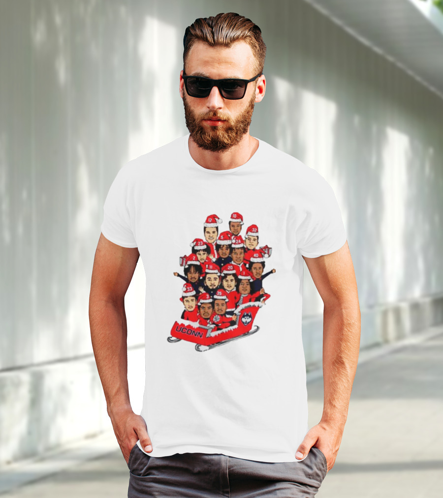 UConn Huskies Christmas Cartoon Sled Team Santa Hats T-Shirt