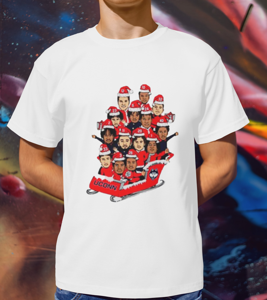 UConn Huskies Christmas Cartoon Sled Team Santa Hats T-Shirt