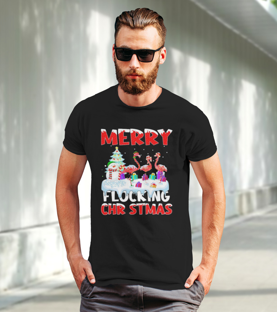 Merry Flocking Christmas Flamingo And Snowman Festive T-Shirt