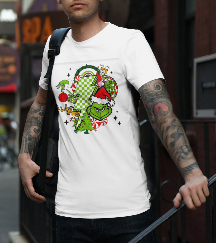 Grinch Christmas Checkered Lightning Bolt With Friends And Festive Decorations T-Shirt