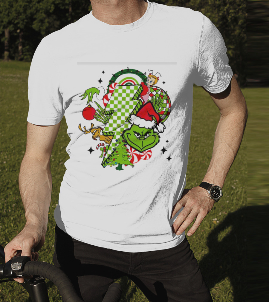 Grinch Christmas Checkered Lightning Bolt With Friends And Festive Decorations T-Shirt