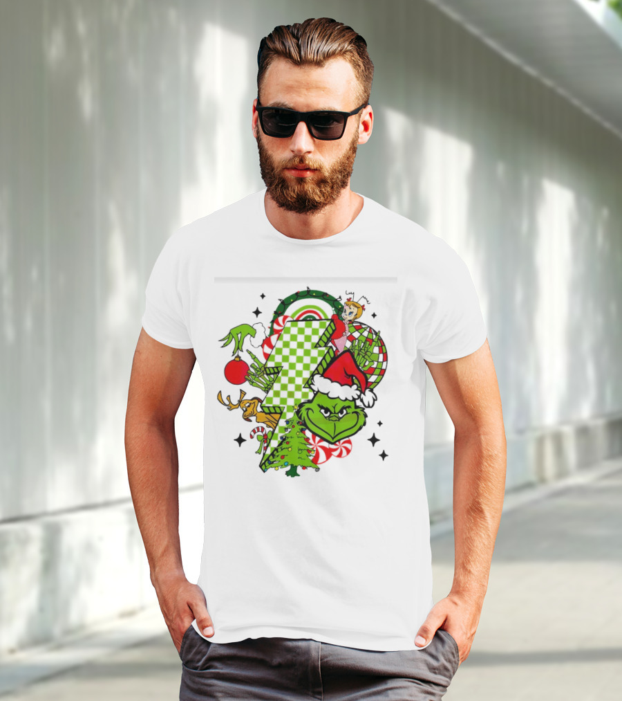 Grinch Christmas Checkered Lightning Bolt With Friends And Festive Decorations T-Shirt