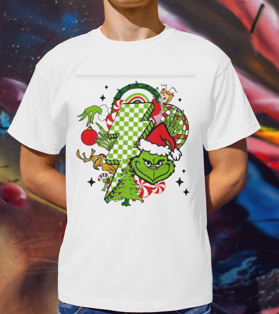 Grinch Christmas Checkered Lightning Bolt With Friends And Festive Decorations T-Shirt