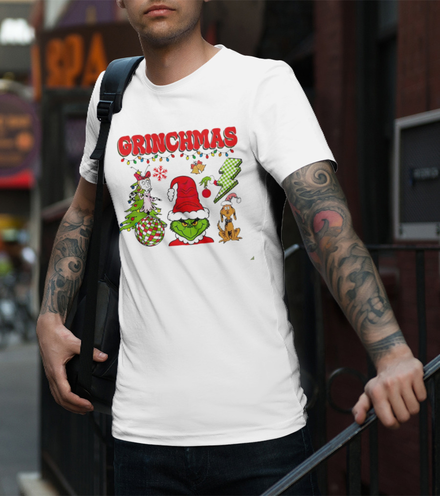 Grinch Grinchmas Red Hat Christmas Tree Max Dog Lightning Bolt Ornaments T-Shirt
