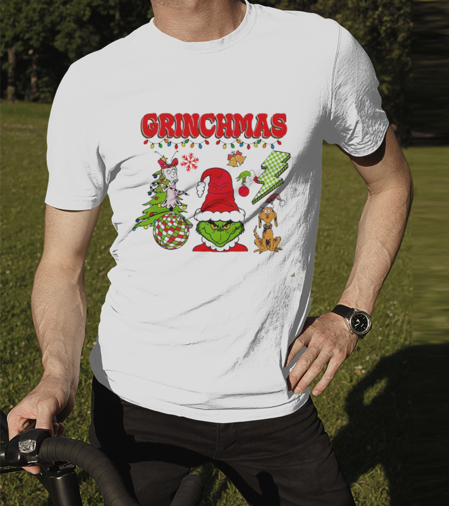 Grinch Grinchmas Red Hat Christmas Tree Max Dog Lightning Bolt Ornaments T-Shirt