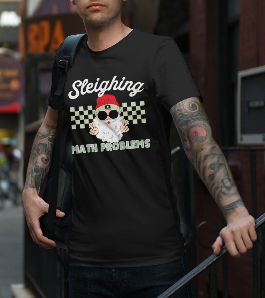 Sleighing Math Problems Santa Peace Sign Checkered Background T-Shirt