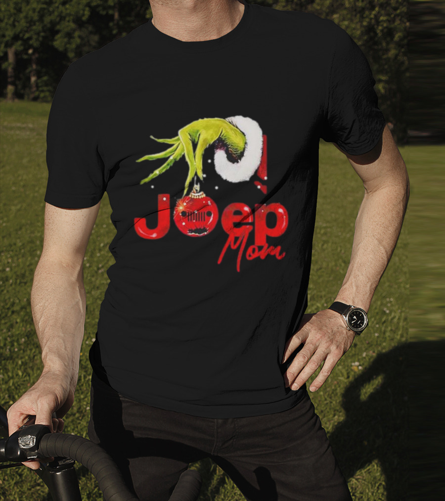 Grinch Hand With Santa Hat Holding Christmas Ornament Jeep Mom T-Shirt