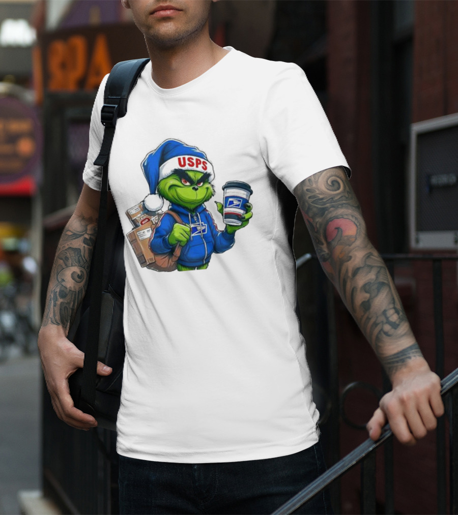 USPS Grinch Merry Christmas Delivery With Packages And Coffee T-Shirt