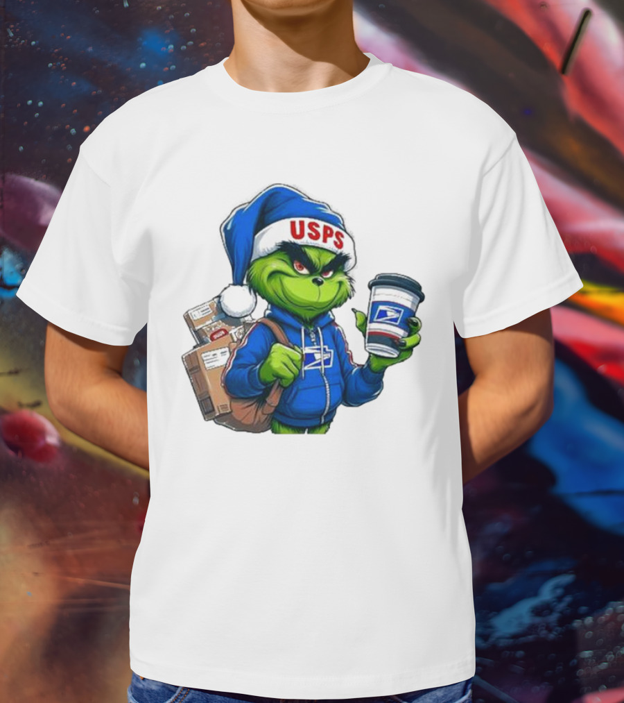 USPS Grinch Merry Christmas Delivery With Packages And Coffee T-Shirt