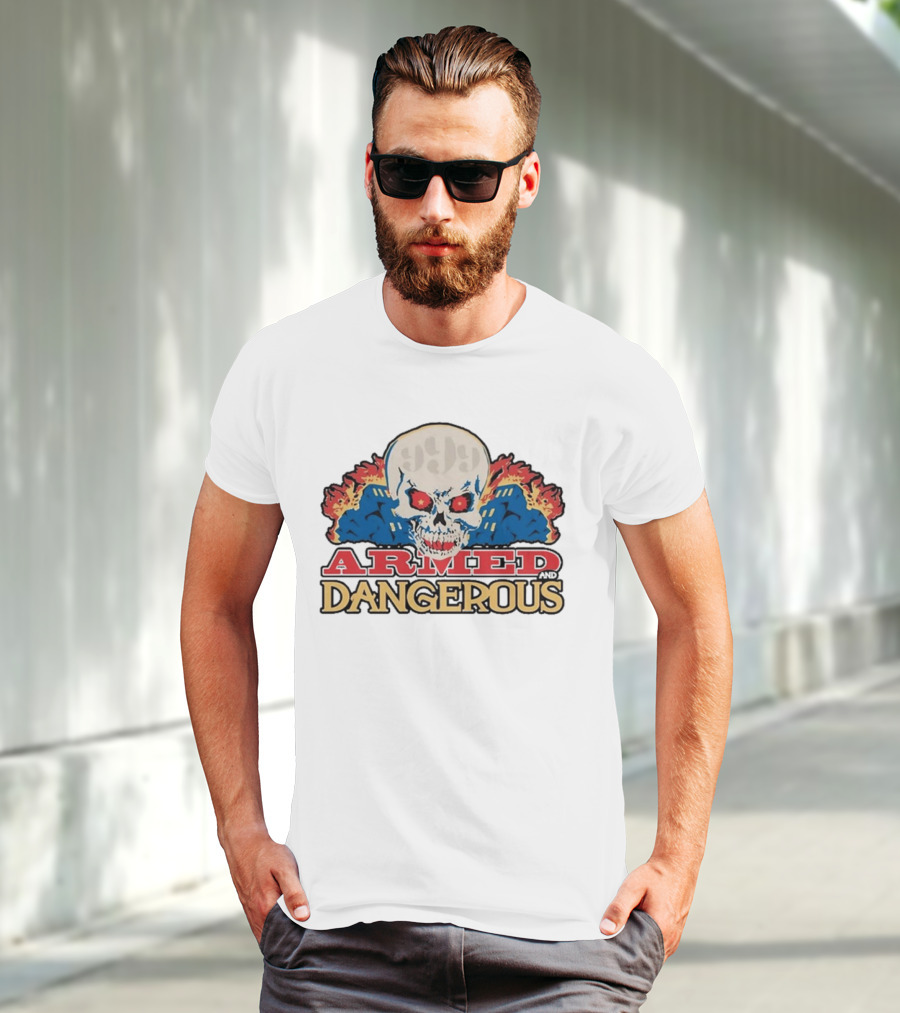 999 Club Armed And Dangerous Skull With Red Eyes And Flames T-Shirt