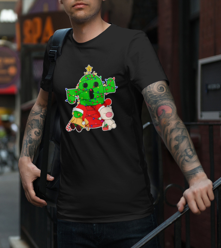 Christmas Moogle Cactuar Wrapped In Lights Star Topped Festive Scene T-Shirt