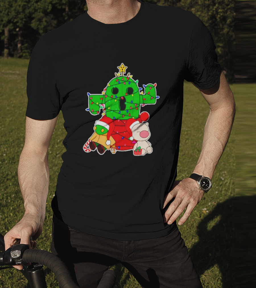 Christmas Moogle Cactuar Wrapped In Lights Star Topped Festive Scene T-Shirt