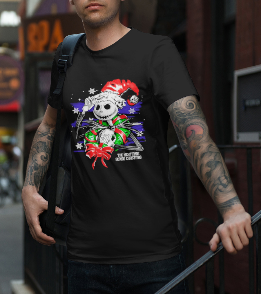 The Nightmare Before Christmas Jack Skellington In Santa Hat And Grinch Green Scarf T-Shirt