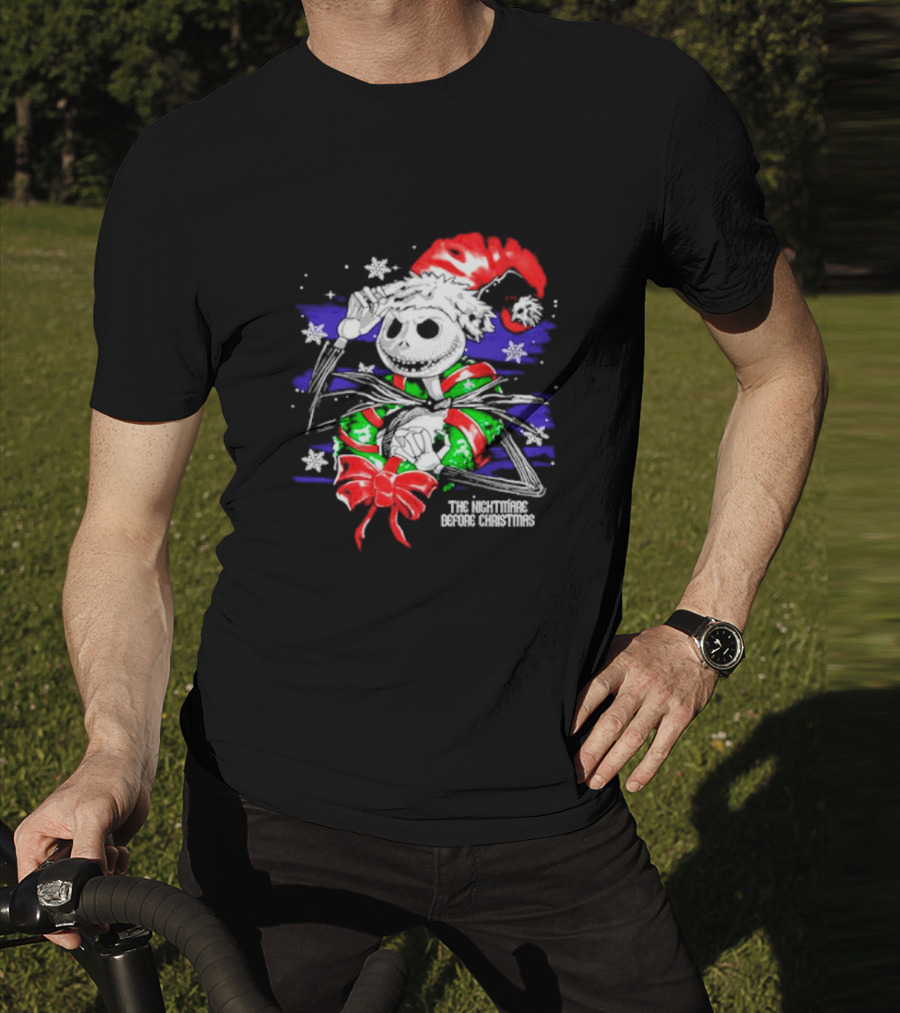 The Nightmare Before Christmas Jack Skellington In Santa Hat And Grinch Green Scarf T-Shirt