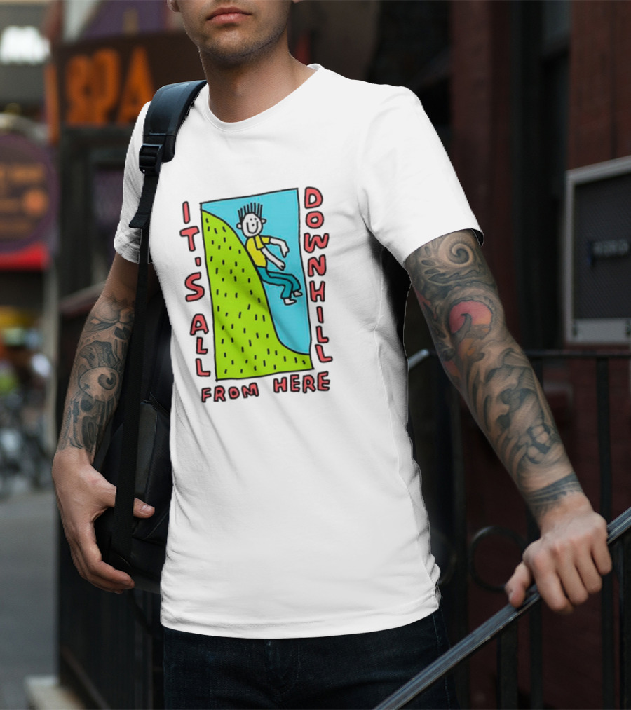 IT'S ALL DOWNHILL FROM HERE Cartoon Character Sliding Down Green Hill T-Shirt