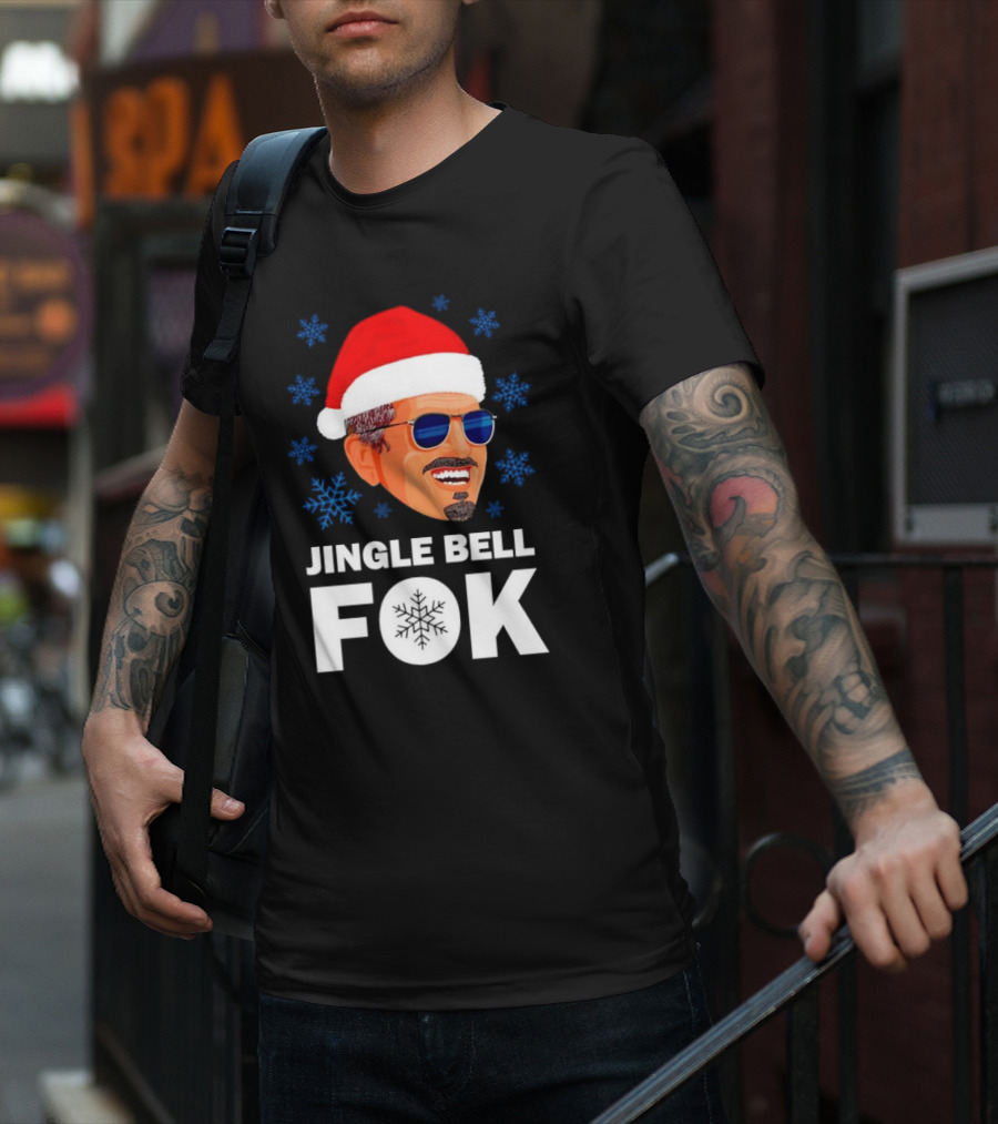 Jingle Bell Fok Santa Christmas Snowflakes Santa Hat Blue Sunglasses T-Shirt