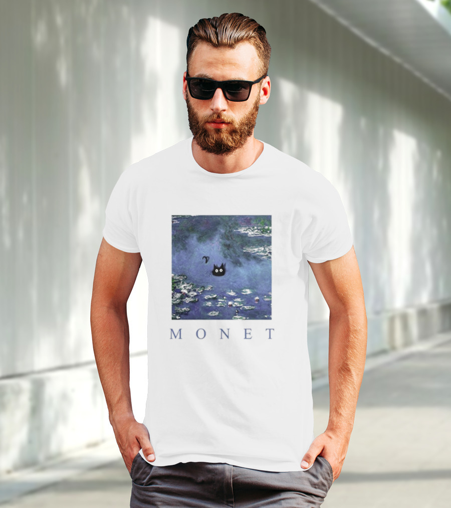 Monet Waterlily Black Cat In Pond With Monet Text T-Shirt