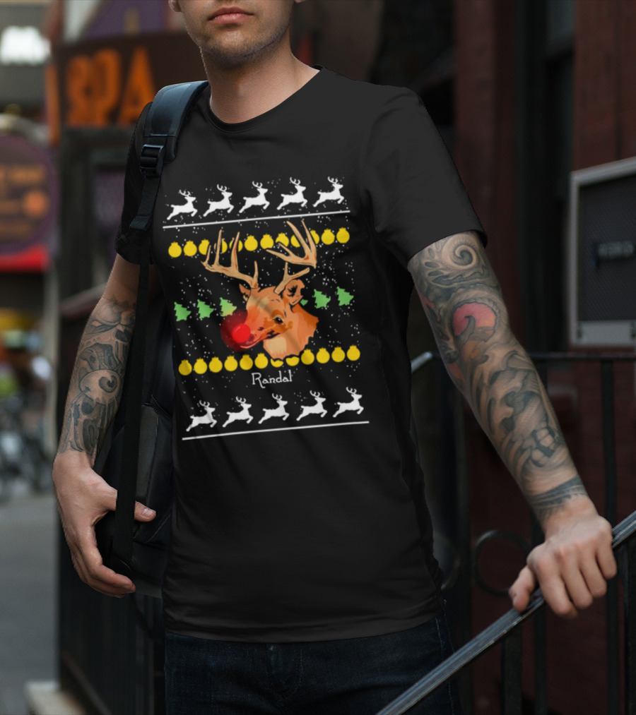 Randal Reindeer Festive Holiday Pattern With Red Nose And Antlers T-Shirt