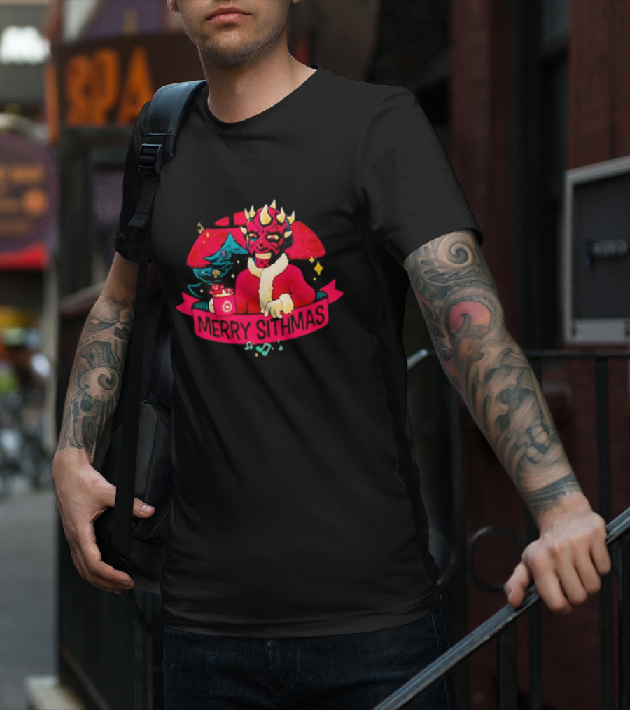 Star Wars Merry Sithmas Featuring Darth Maul In Santa Suit With Christmas Tree And Festive Elements T-Shirt