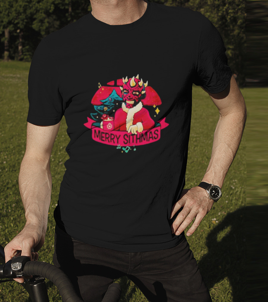 Star Wars Merry Sithmas Featuring Darth Maul In Santa Suit With Christmas Tree And Festive Elements T-Shirt