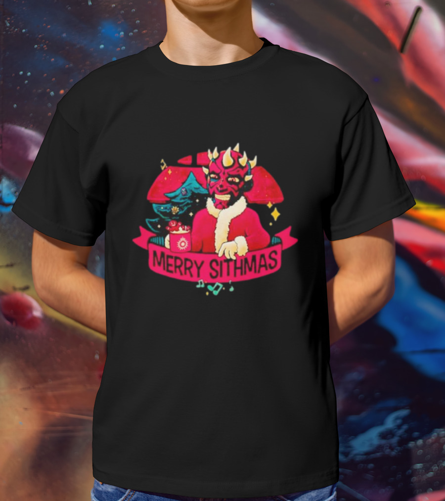 Star Wars Merry Sithmas Featuring Darth Maul In Santa Suit With Christmas Tree And Festive Elements T-Shirt