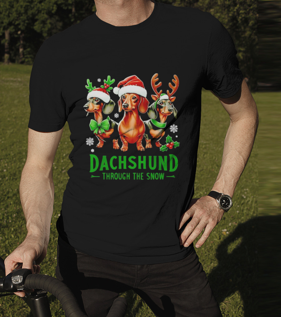 Dachshund Through The Snow Santa Hat Reindeer Antlers Christmas Bow T-Shirt