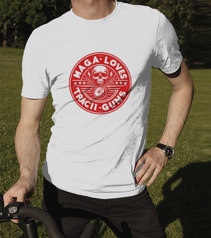 Maga Loves Tracii Guns Skull And Guitar Emblem With Stars And Lightning Bolts T-Shirt