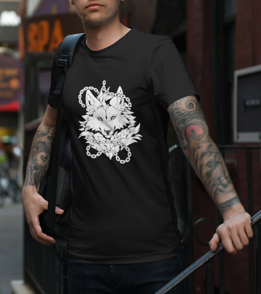 Wolf And Chains Intricate Black White T-Shirt
