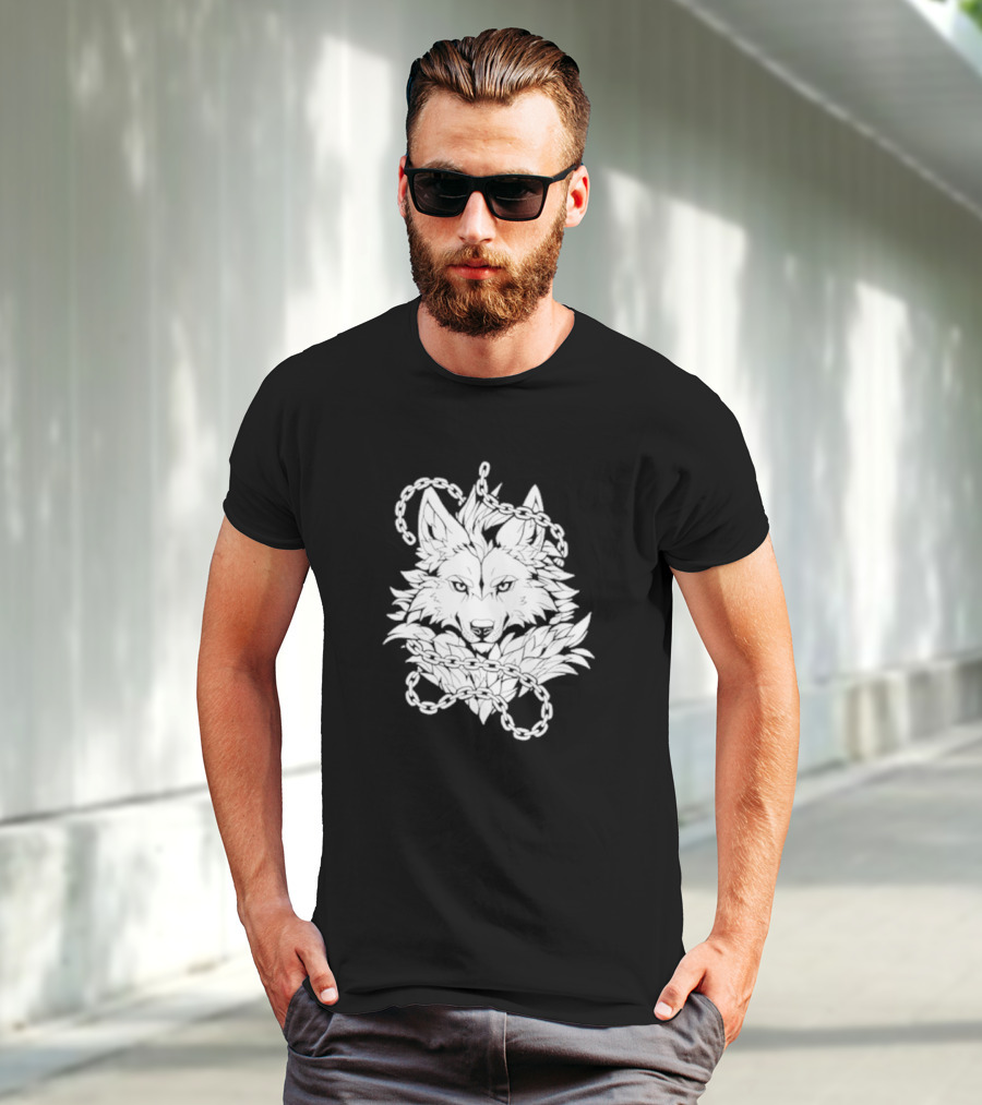 Wolf And Chains Intricate Black White T-Shirt