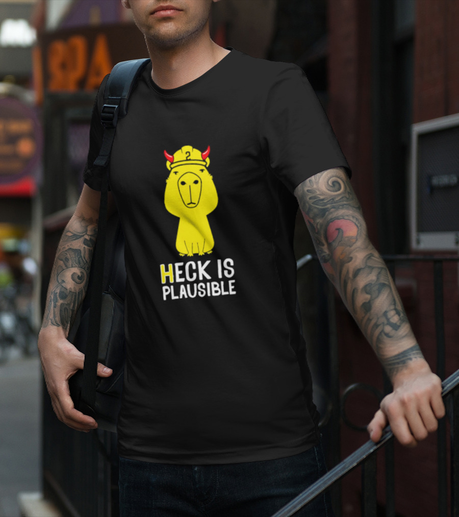 HECK IS PLAUSIBLE 2 Red Horned Yellow Character T-Shirt