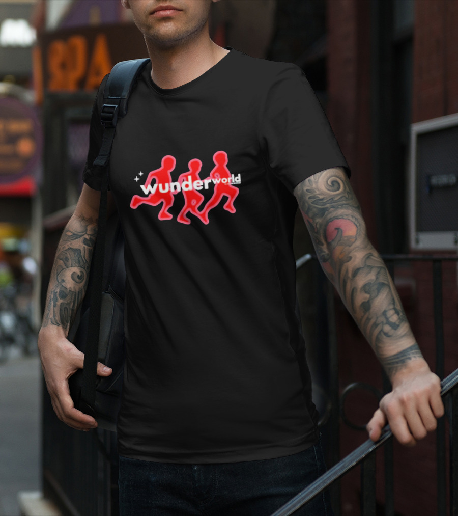 Aries Wunderworld Running Figures Red Neon Text T-Shirt
