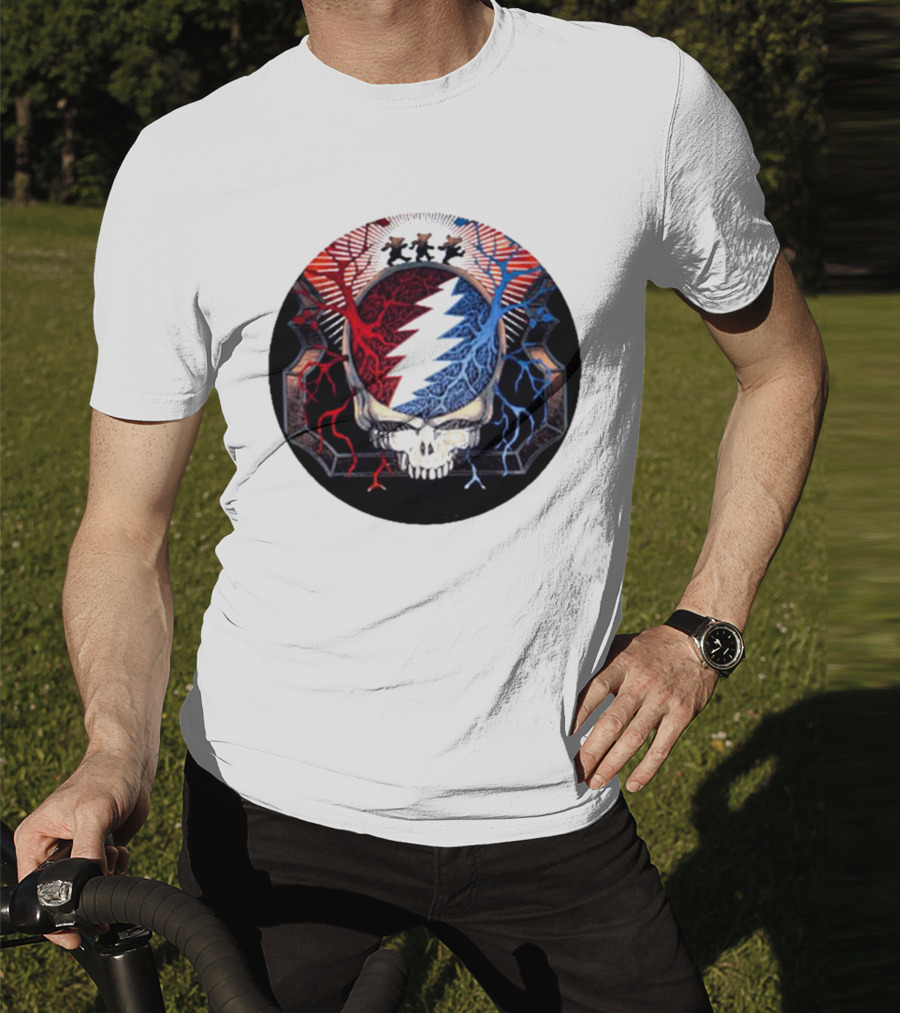 Grateful Dead Skull Bear Red Blue Lightning Bolt Circle T-Shirt