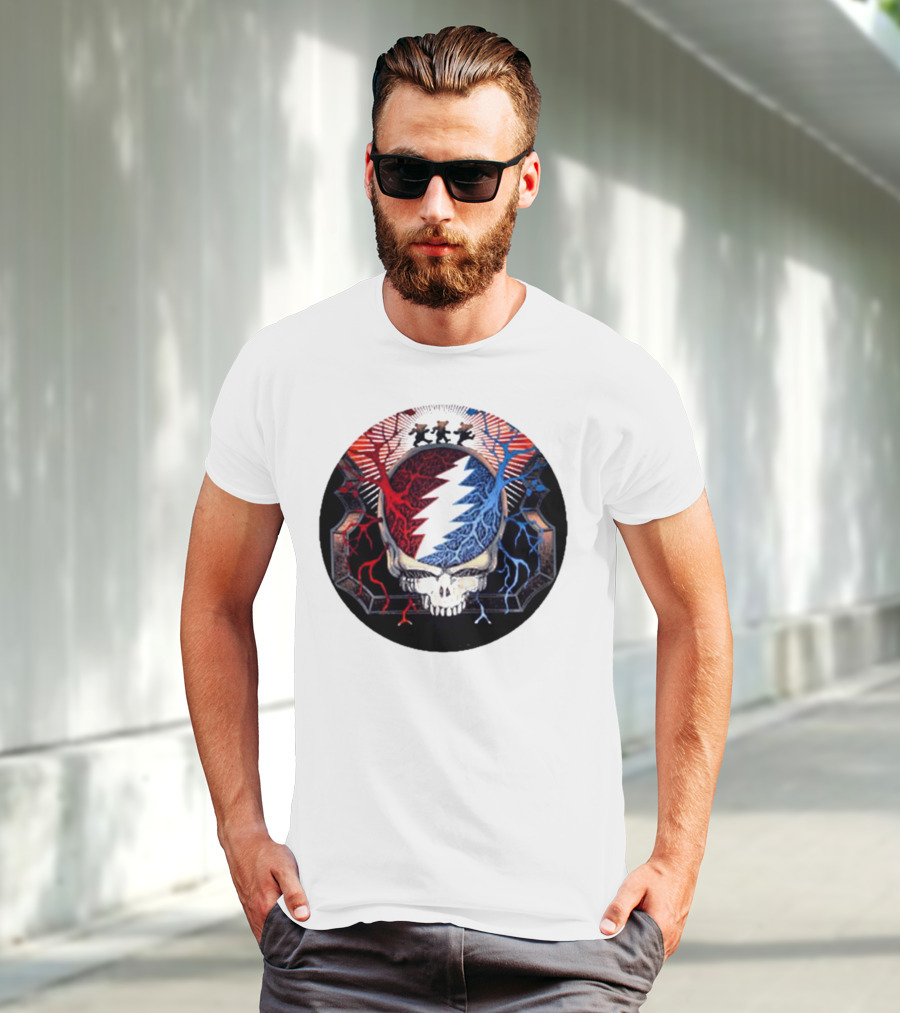 Grateful Dead Skull Bear Red Blue Lightning Bolt Circle T-Shirt