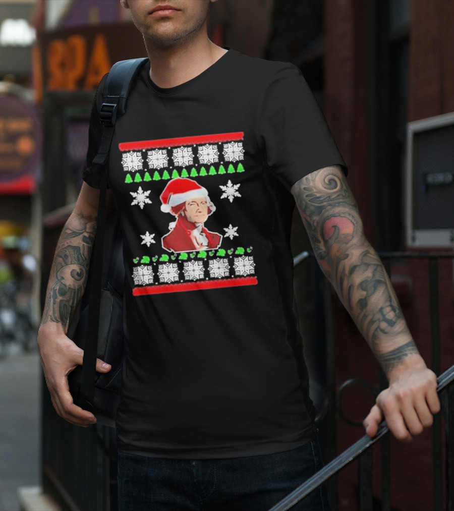 George Washington Santa Hat Christmas Ugly Sweater Style Snowflakes And Trees T-Shirt