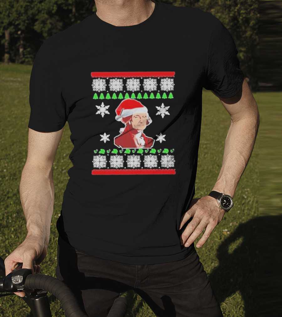 George Washington Santa Hat Christmas Ugly Sweater Style Snowflakes And Trees T-Shirt