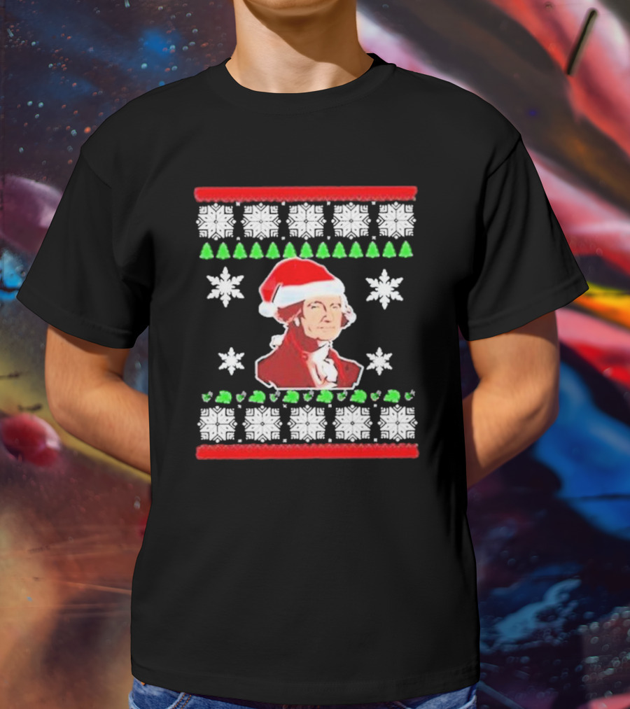 George Washington Santa Hat Christmas Ugly Sweater Style Snowflakes And Trees T-Shirt