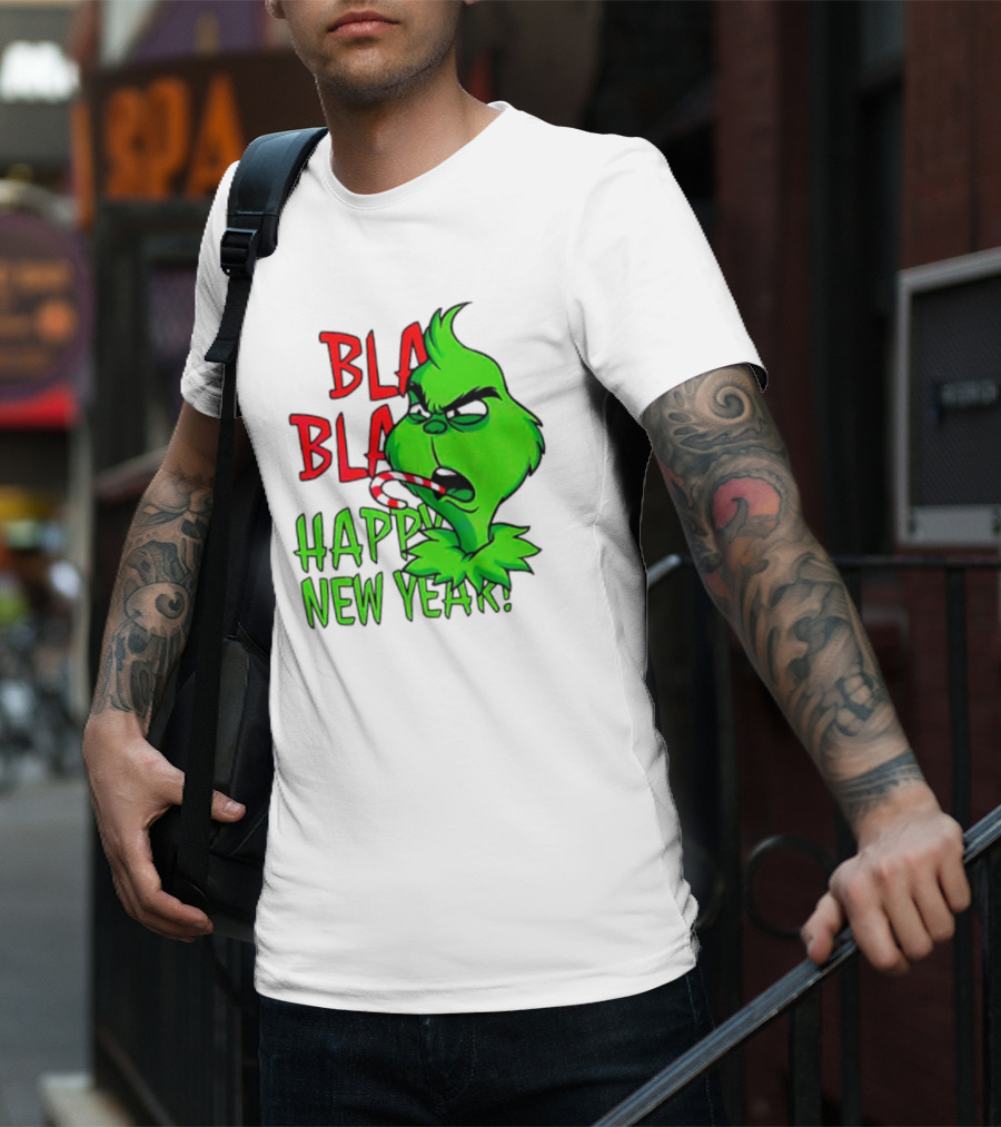 Bla Bla Happy New Year Grinch Candy Cane Image T-Shirt