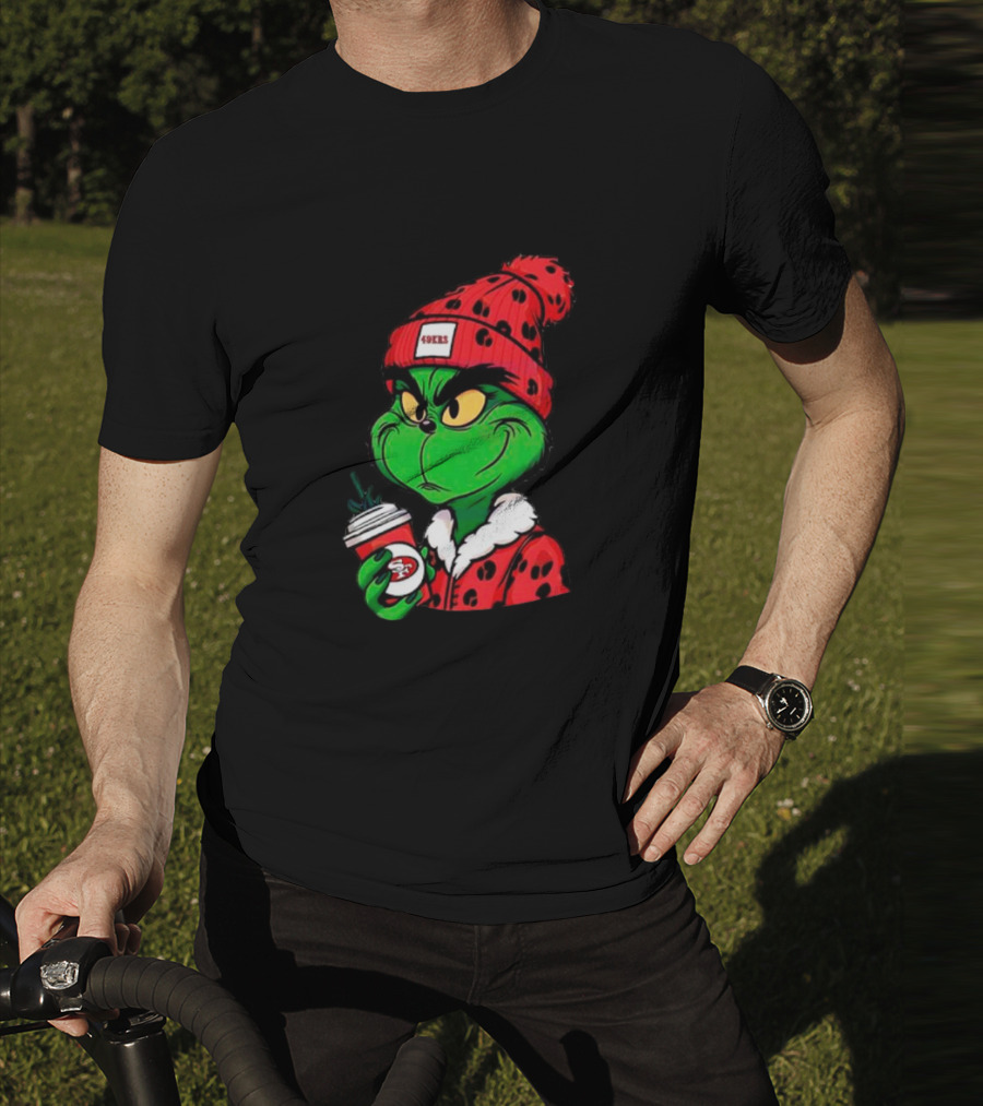 Grinch Boujee San Francisco 49ers Coffee Beanie Christmas 49ers T-Shirt