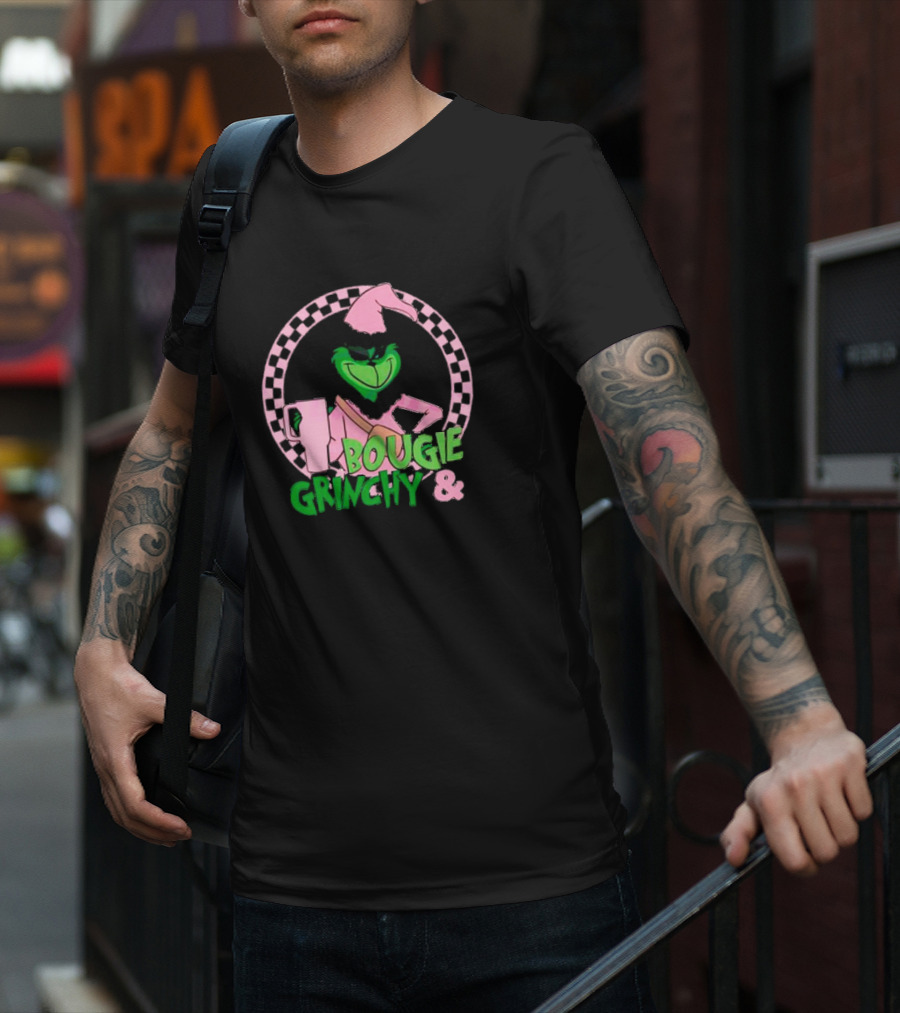 Bougie Grinchy And Pink Character With Checkerboard Circle T-Shirt