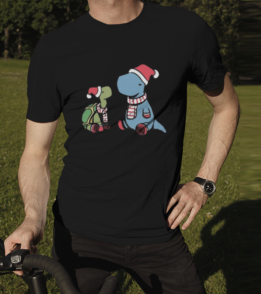 Dinosaur Christmas Tortoise And Dino In Santa Hats And Scarves T-Shirt