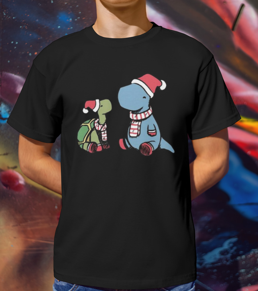 Dinosaur Christmas Tortoise And Dino In Santa Hats And Scarves T-Shirt