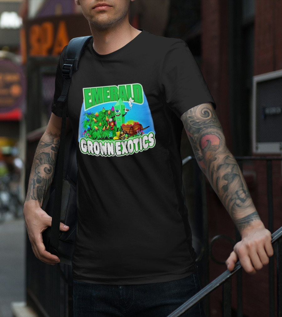 Emerald Grown Exotics Colorful Harvest With EGE Mascot And Wagon T-Shirt